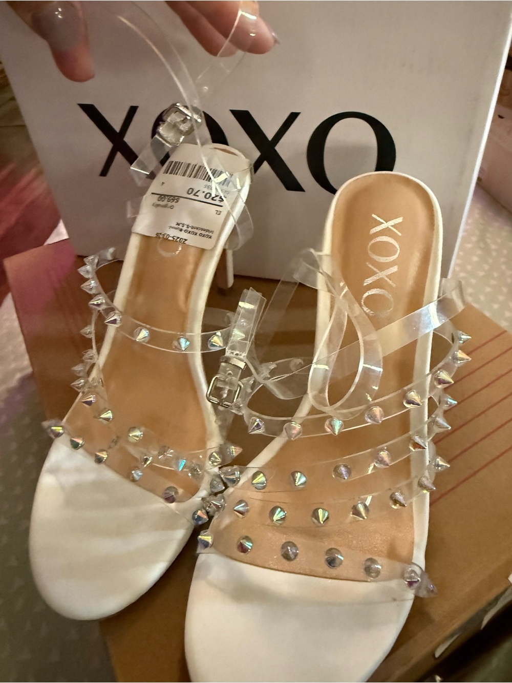 XOXO Clear Studded Slide Sandals with White Footbed